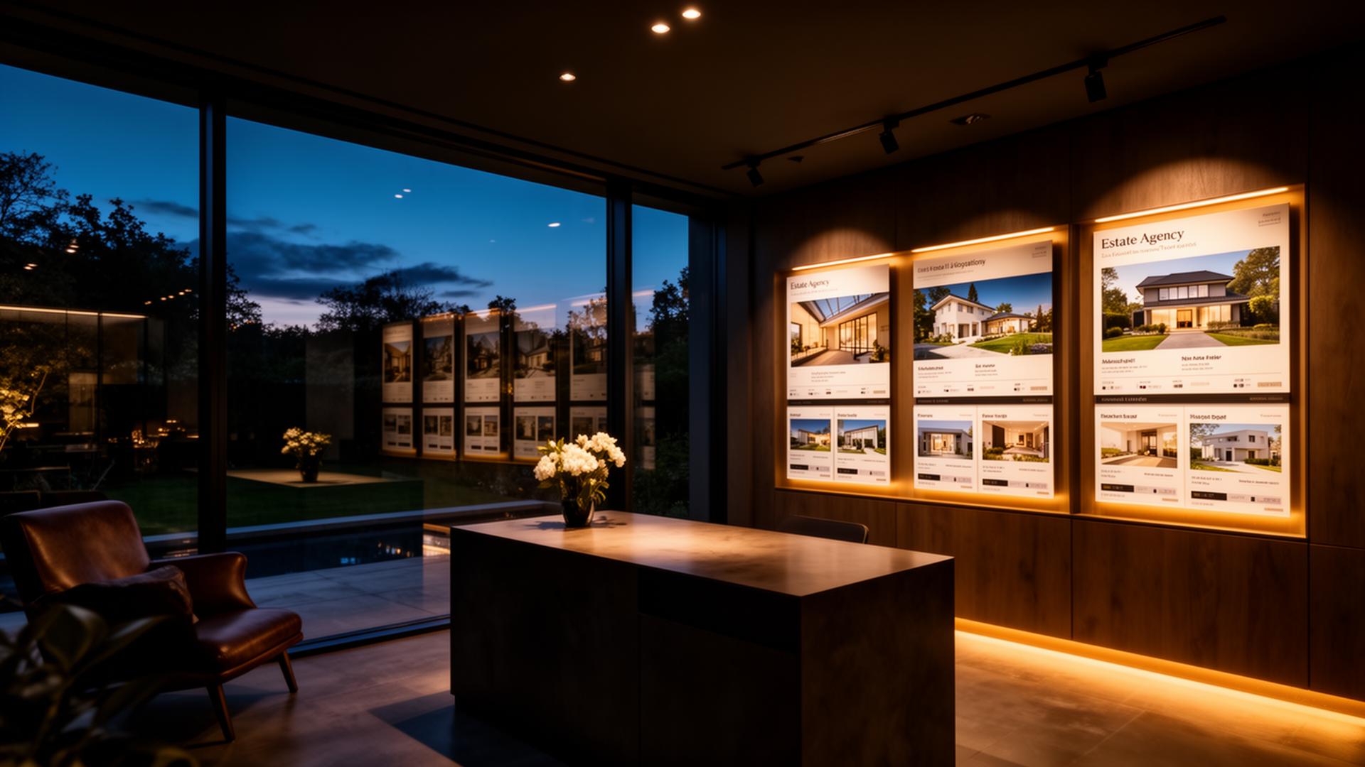 Modern estate agency interior at dusk